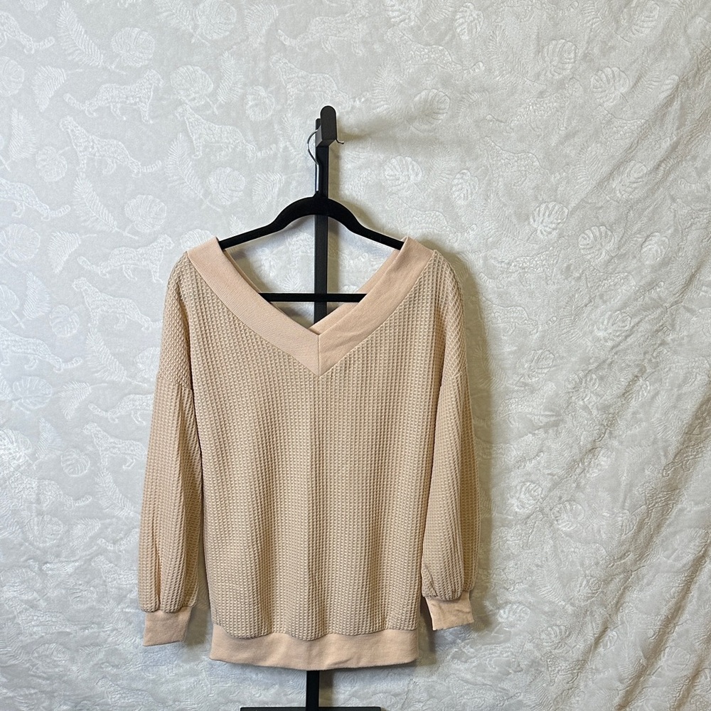 V-Neck Waffle Knit Blouse - Cream